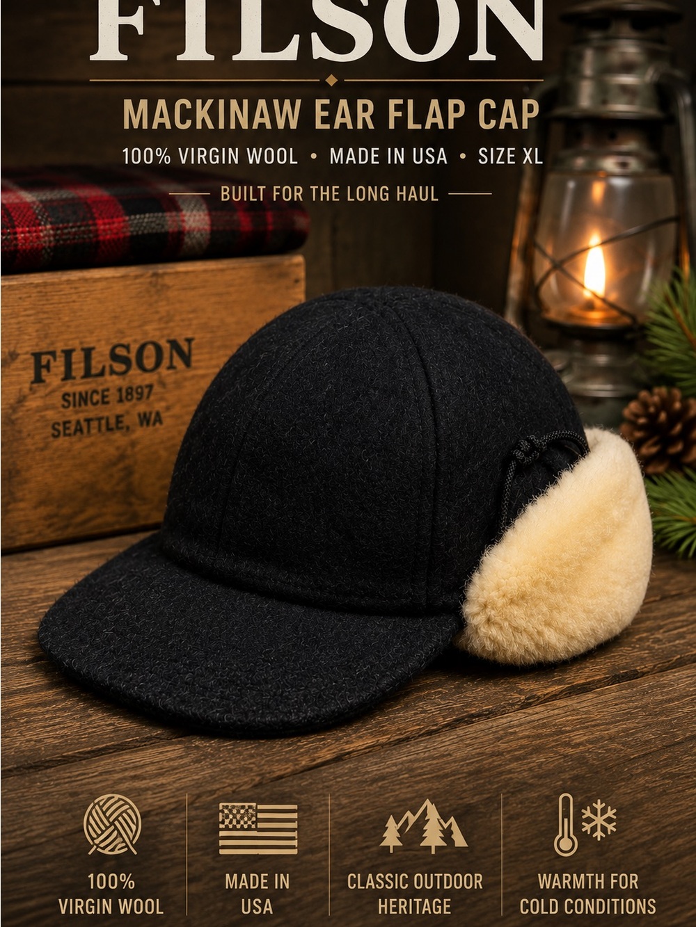Filson Mackinaw Wool Ear Flap Hunting Cap XL USA Made Black